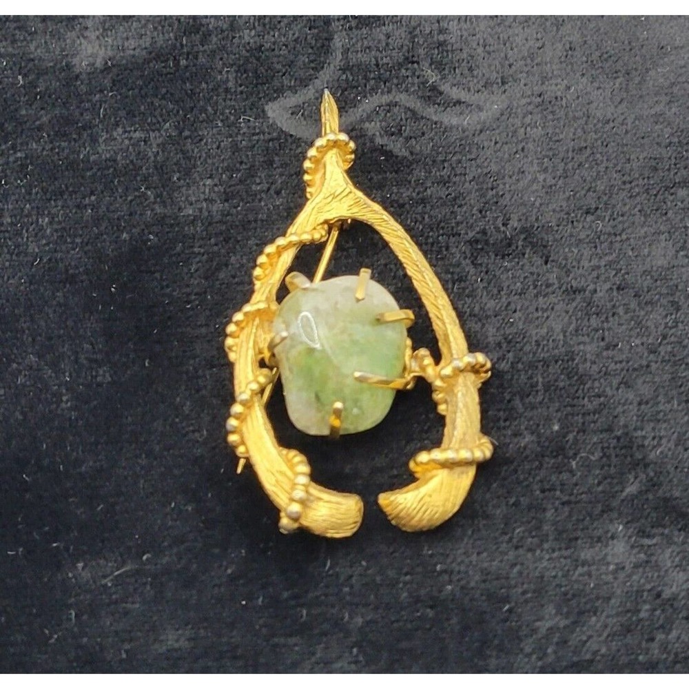 Vintage BSK 1960s Gold Tone Green Jadeite Stone Wishbone Brooch Pin